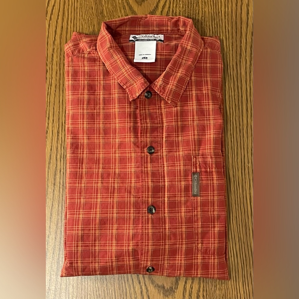 Columbia Men's Red and Gold Plaid Shirt